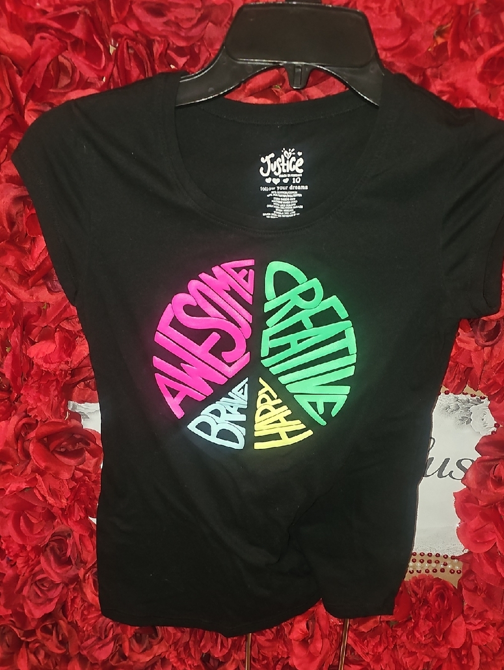 Justice Black Tee with Neon Pink Green Blue Yellow Puffy Peace Graphic Size 10